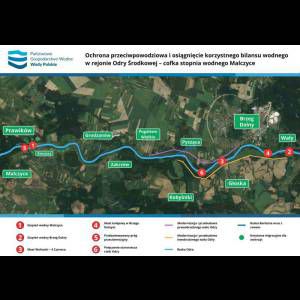 Map of the Odra River region, showing flood protection measures and infrastructure locations in Poland.