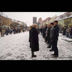 A snowy public square scene with a group of people facing a woman in a black coat among onlookers.