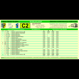 Rozkład jazdy autobusów jednej z wielu linii kursujących w Średzka Komunikacja Publiczna w Środzie Śląskiej (tu linia C2 na dzień 13.01.2025)