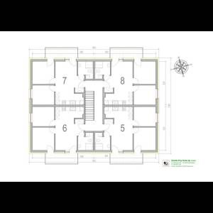 Blueprint of a two-story building with labeled rooms and dimensions, featuring a central stairway and layout.