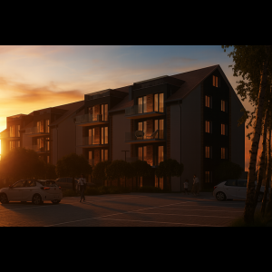 Modern apartment building at sunset, with cars parked and people walking nearby, creating a warm, inviting atmosphere.